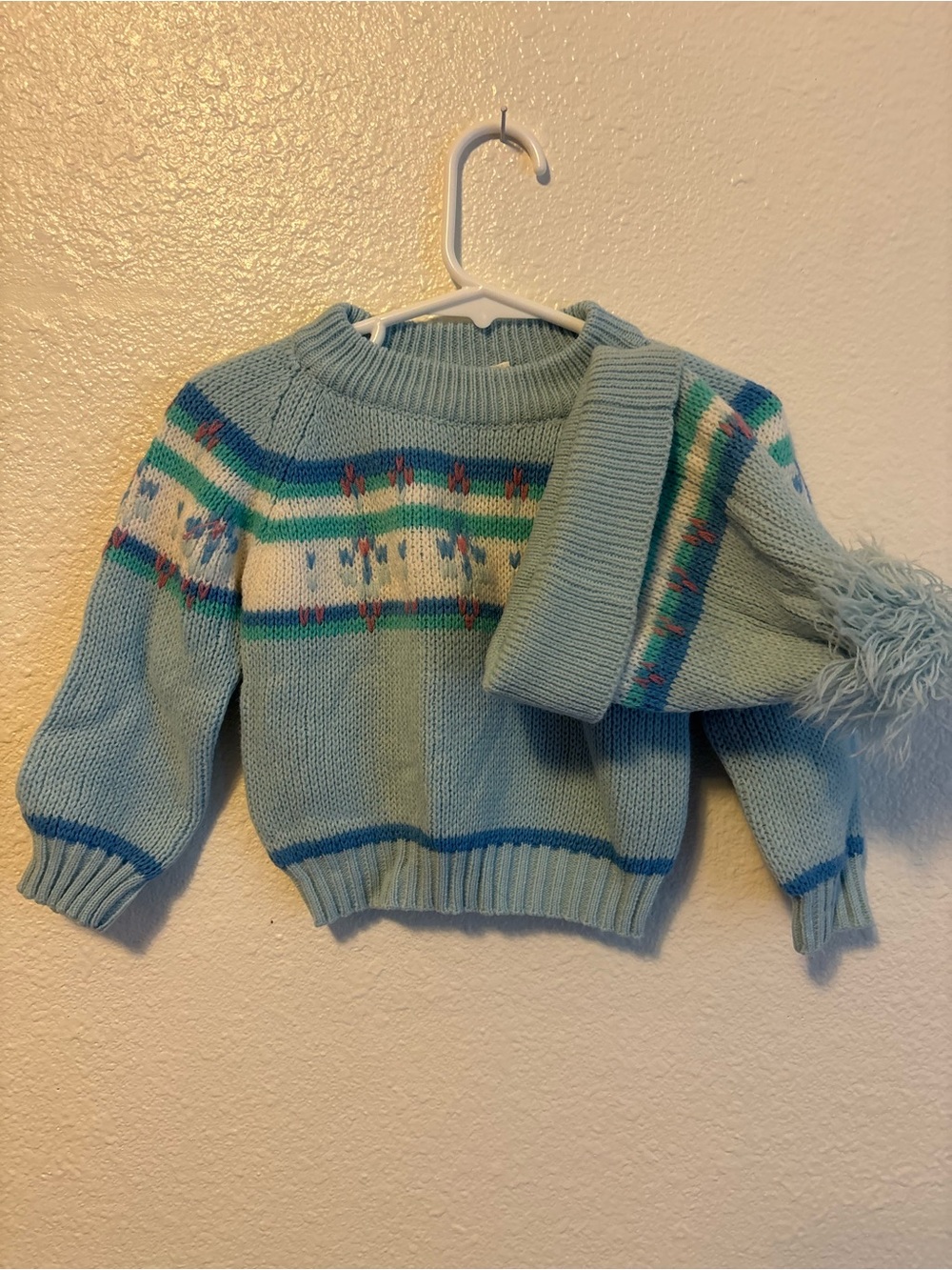 Vintage Light Blue Toddler Knit Sweater with Patterned Winter Hat